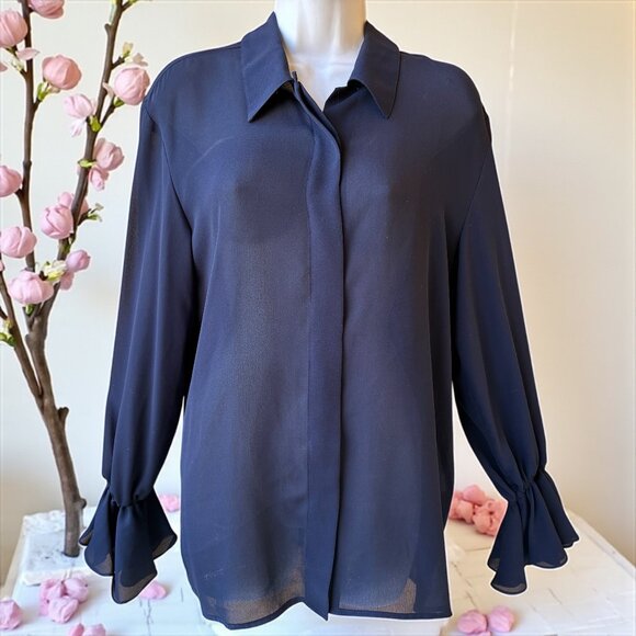 ANNE KLEIN A LINE Vtg USA Blouse Shirt Navy Blue Button Up RUFFLES Womens Medium - Picture 4 of 14
